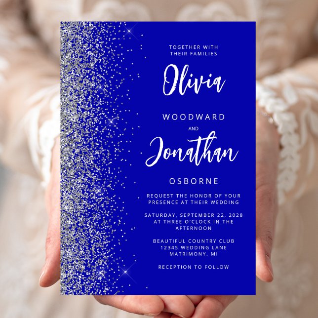 Convites Casamento de Caligrafia Real Blue Silver Glitter (Criador carregado)