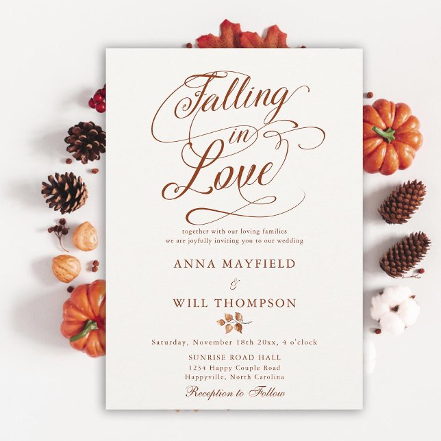 Convites Casamento de Caligrafia Romântica Apaixonada (falling in love wedding invitation autumn leaves terracotta romantic calligraphy elegant boho rustic)