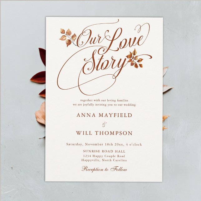 Convites Casamento de Caligrafia Romântica da História do A (fall leaves love story romantic calligraphy wedding invitation rustic elegant modern classic simple)