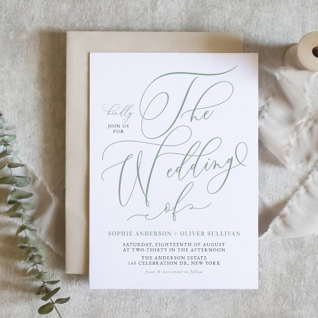 Convites Casamento de Caligrafia Sage Green (Sage Green Whimsical Calligraphy Wedding Invitation)