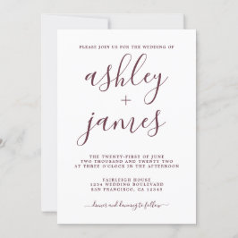 Convites Casamento de Caligrafia Simples Chic Burgundy
