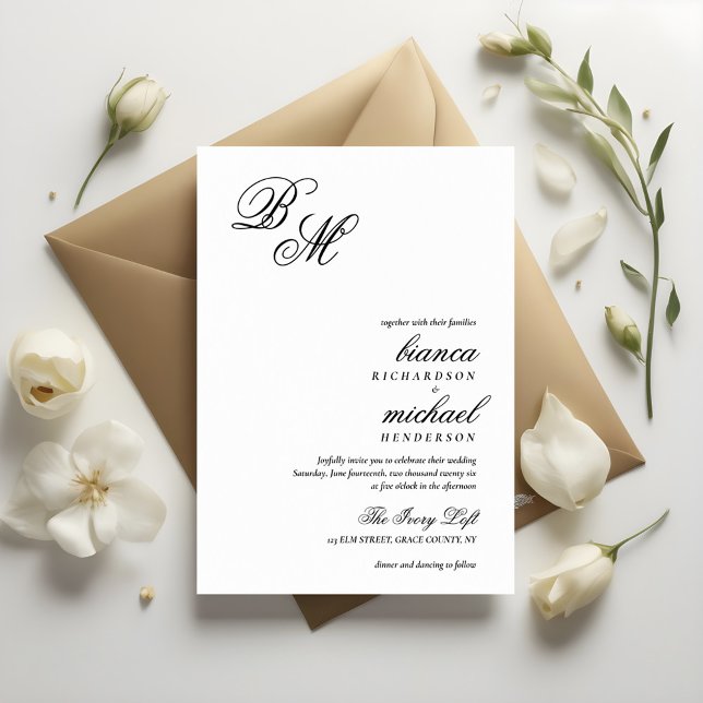 Convites Casamento de Caligrafia Simples e Elegante Monogra (Criador carregado)