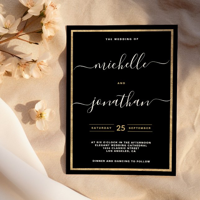 Convites Casamento de caligrafia simples minimalista preto  (Simple minimalist black gold calligraphy wedding)