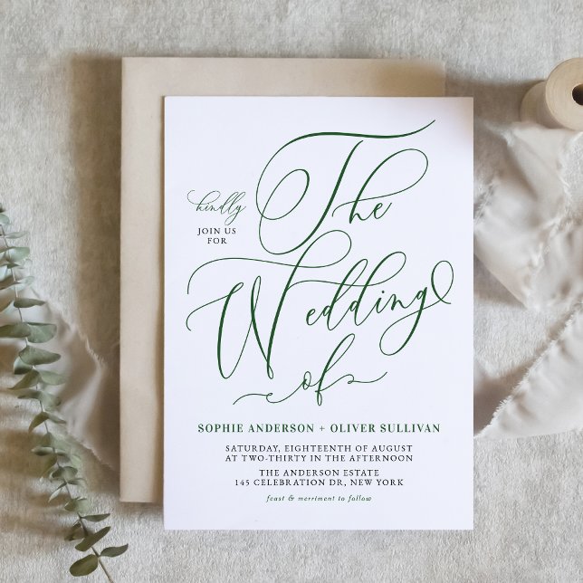 Convites Casamento de Caligrafia Whimsical Emerald Green (Emerald Green Whimsical Calligraphy Wedding Invitation)