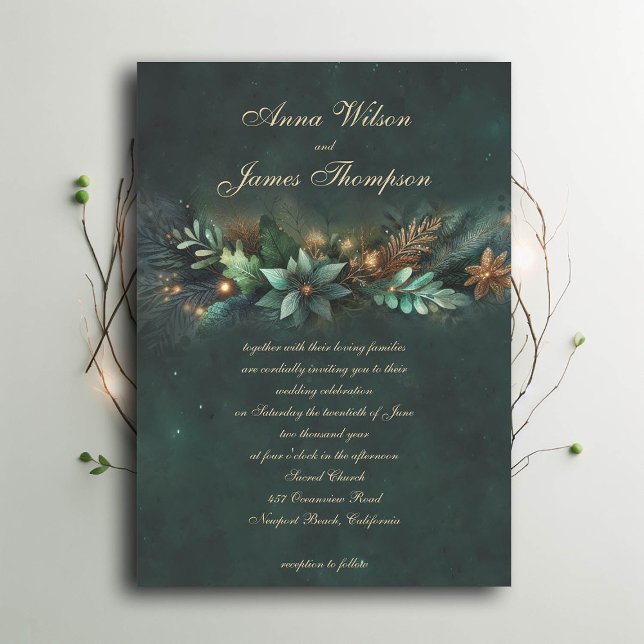 Convites Casamento de Calliografia de Confronto de Fairytal (enchanted forest wedding invitation emerald gold garland calligraphy modern classic)
