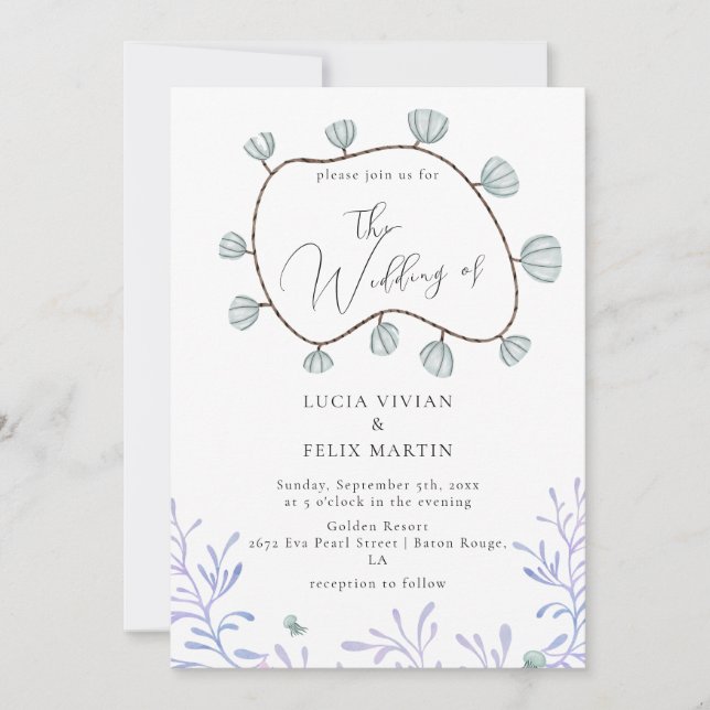 Convites Casamento de Calliografia em Seashell e Seaweed Be (Frente)