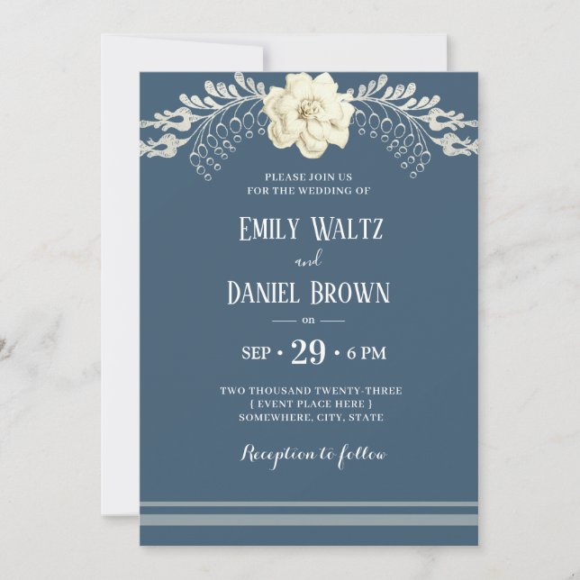 Convites Casamento de Camellia Branca de Cinza Azul (Frente)