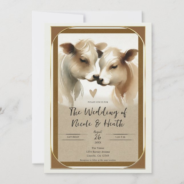 Convites Casamento de Campo Amor Vaca Marrom Creme (Frente)