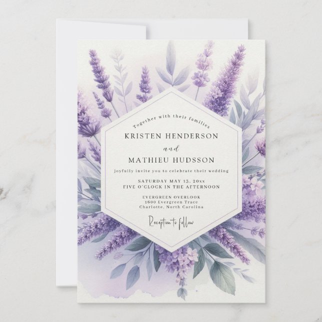 Convites Casamento de Campo com Aquarela de Lavanda (Frente)