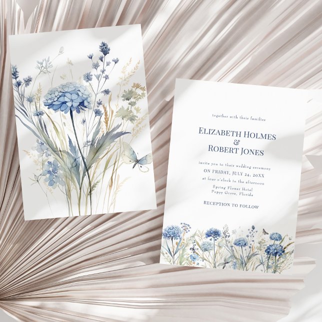Convites Casamento de Campo de Flores Silvestres com Hortên (French Blue Watercolor Garden Wildflowers Wedding Invitation on a dry palm leaf.)
