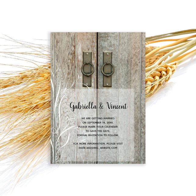 Convites Casamento de campo de portas duplas Salve a data (Set the tone for your casual farm or ranch marriage with this Barn Door Wedding Save the Date.)