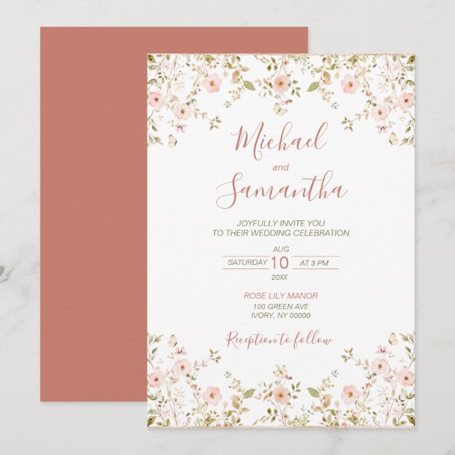 Convites Casamento de campo de Rosa selvagem (Frente/Verso)