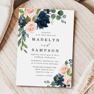 Convites Casamento de Campo Floral Cor-de-Rosa e Azul-marin