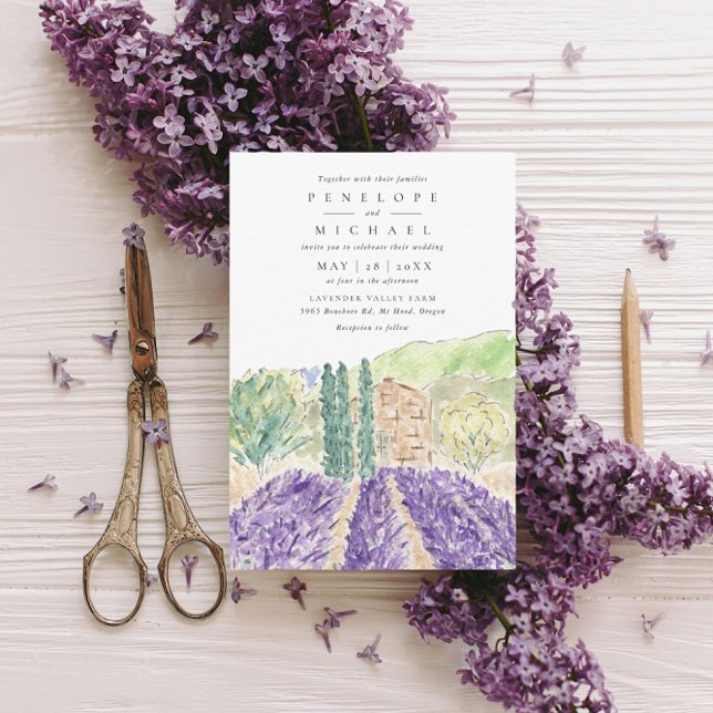 Convites Casamento de Campos de Lavanda de Aquarela (Watercolor lavender fields wedding invitation.)