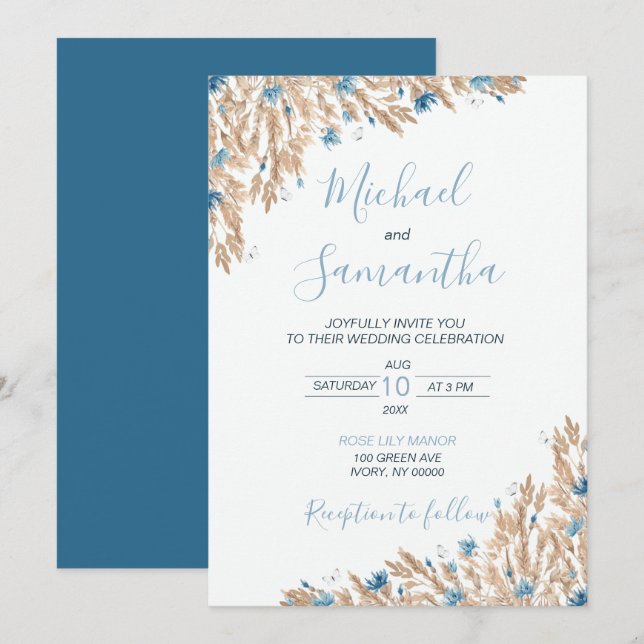 Convites Casamento de Campos Pó Azul Campo (Frente/Verso)