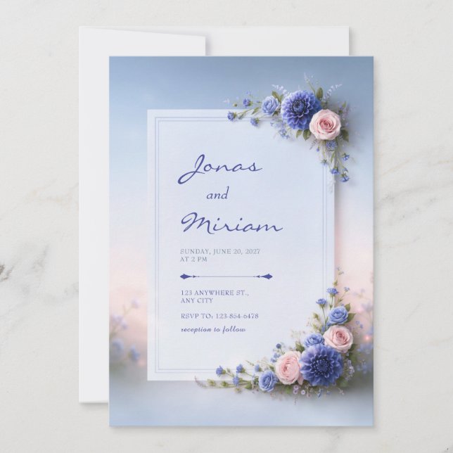 Convites Casamento de Canto de Dália Azul Pó (Frente)