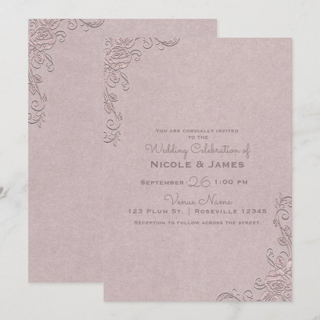 Convites Casamento de Canto de Rosa Glamouroso Rústico Vint (Frente/Verso)