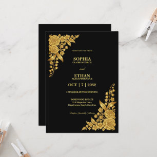 Convites Casamento de Canto Floral Preto e Dourado de Luxo
