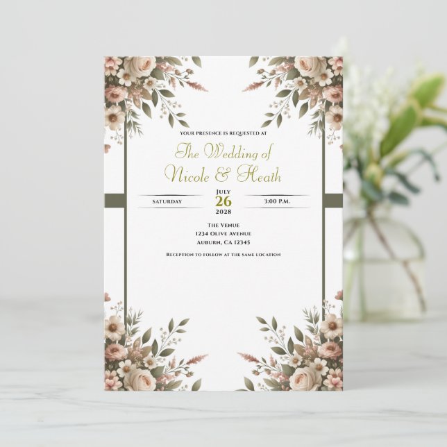 Convites Casamento de Canto Floral Verde Oliva e Branco Ele (Em pé/Frente)