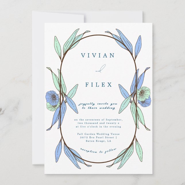 Convites Casamento de Capsul Floral Azul Elegante (Frente)