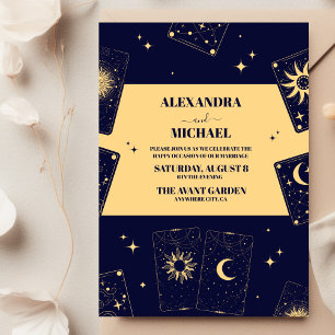 Convites Casamento de Carta de Tarot Azul Dourado Elegante