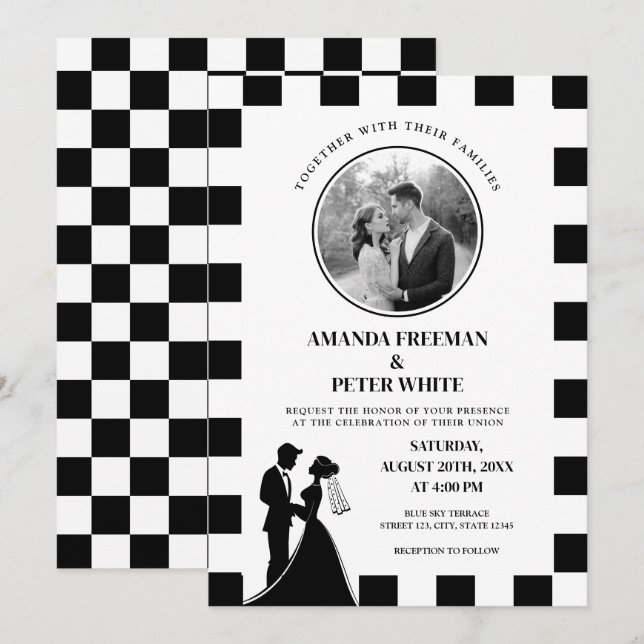 Convites Casamento de Casais Chic Black & White Checkered P (Frente/Verso)