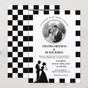 Convites Casamento de Casais Chic Black & White Checkered P