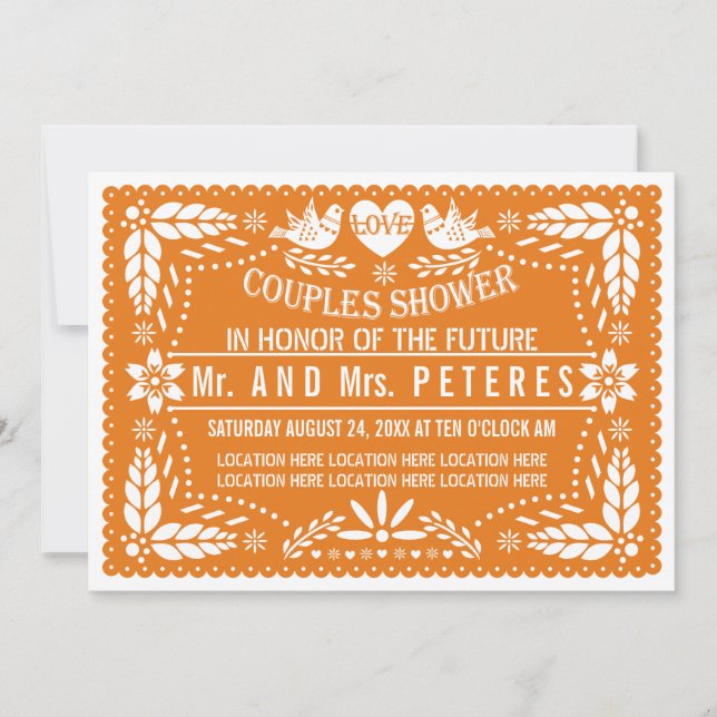 Convites Casamento de casal com papel picado laranja chuvei (Frente)
