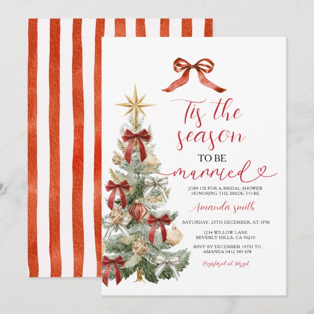 Convites Casamento de Casal de Árvore de Natal com Laço Ver (Frente/Verso)