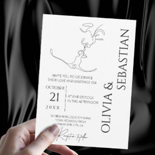 Convites Casamento de Casal de Beijo de Arte de Uma Linha M