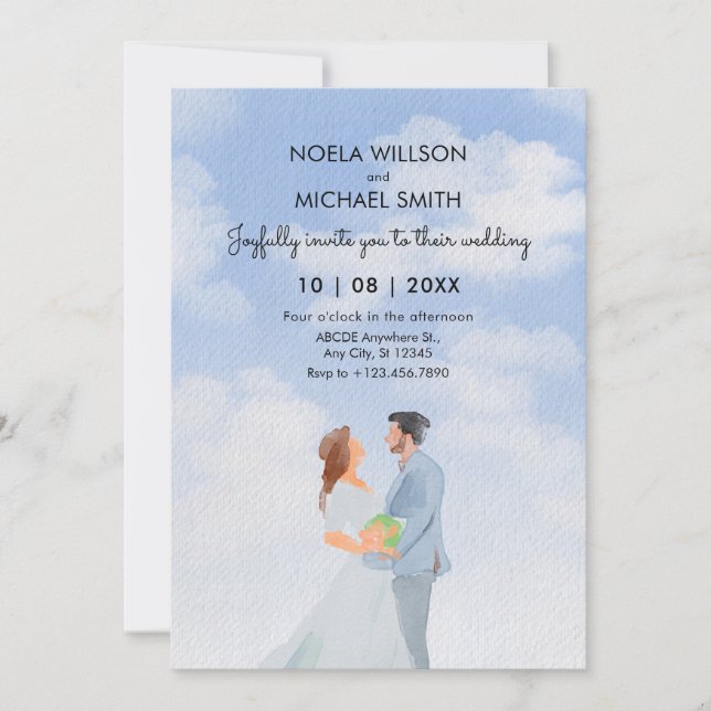 Convites Casamento de casal de romance azul-aquarela (Frente)