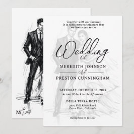 Convites Casamento de Casal Esboço de Carvão de Moda Modern