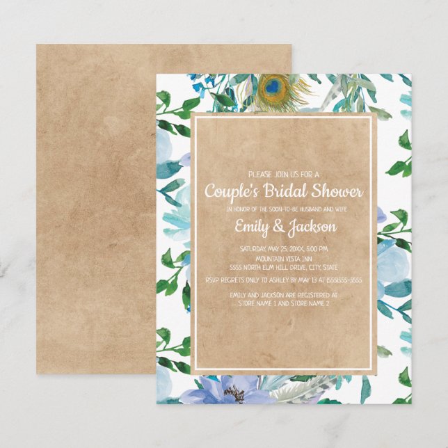 Convites Casamento de casal floral azul branco Kraft rústic (Frente/Verso)