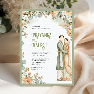 Convites Casamento de Casal Indiano em Verde Salvia Floral