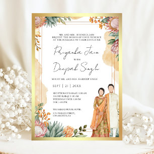 Convites Casamento de Casal Indiano Floral Protea Aquarela