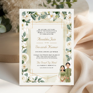 Convites Casamento de Casal Indiano Floral Verde Sálvia Mar