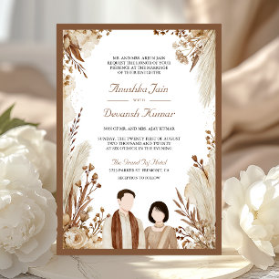 Convites Casamento de Casal Indiano Neutro com Grama Pampas