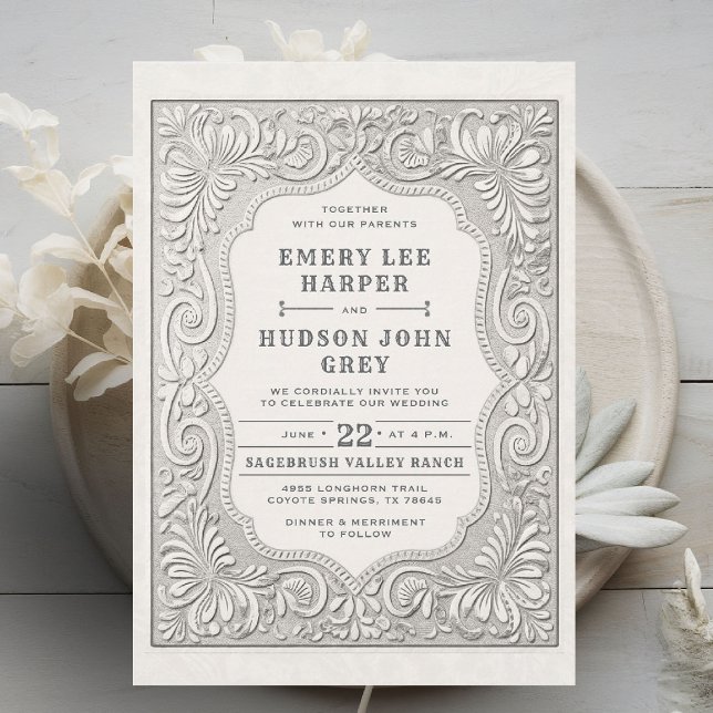 Convites Casamento de Casal Russo Ocidental com Couro Arref (cowboy wedding invitation tooled leather effect elegant country western barn backyard black white)