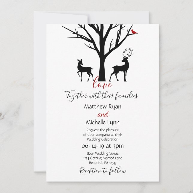 Convites Casamento de Casal Silhouette Deer Winter Love (Frente)