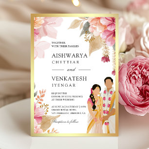 Convites Casamento de Casal Sul-Indiano com Florais Rosa e