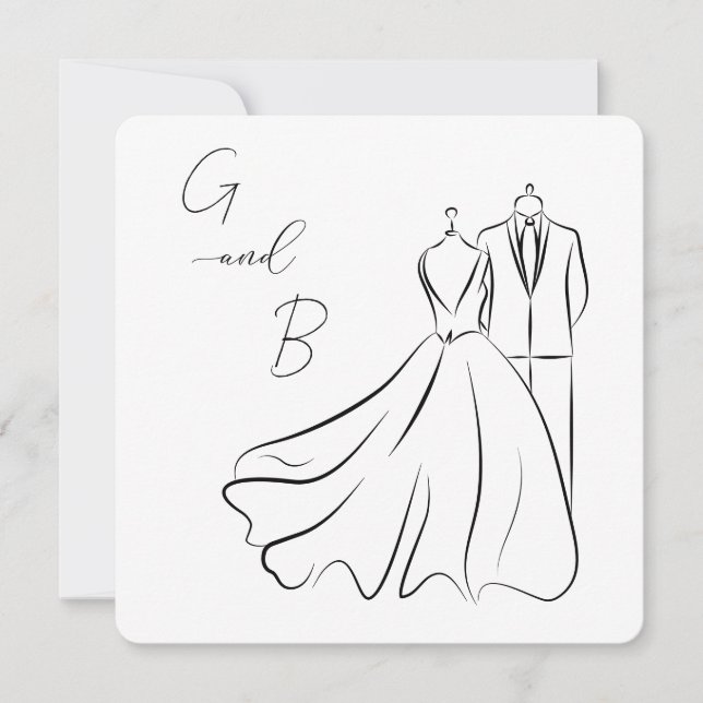 Convites Casamento de Casamento B&W Elegante Tux & Dress Sq (Frente)