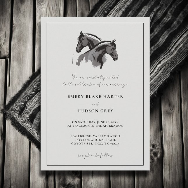 Convites Casamento de Cavalos do País no Oeste Elegante BW (country wedding invitation western cowboy horses art sketch frame black white elegant rustic modern)