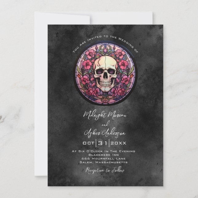 Convites Casamento de Caveira Gótica Floral (Frente)