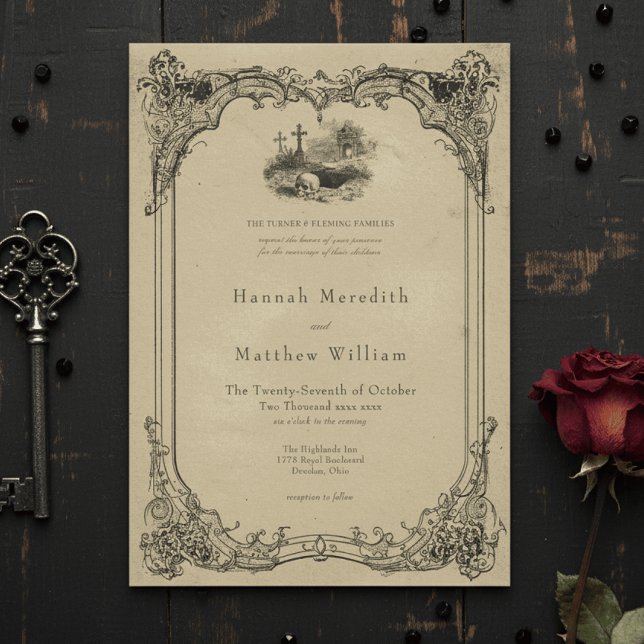 Convites Casamento de Caveira Marrom com Toile Preto Gótico (Criador carregado)