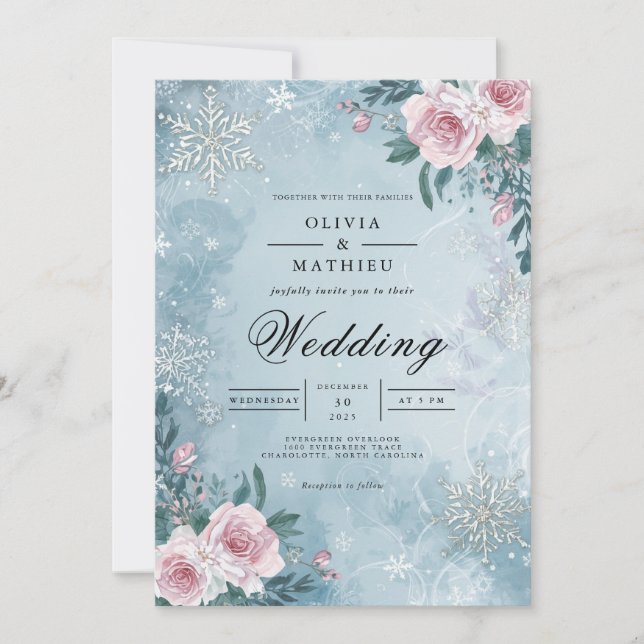 Convites Casamento de Cena de Inverno Frosty Floral (Frente)