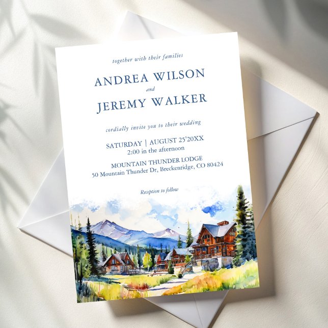 Convites Casamento de cenário de verão na vila das montanha (Mountain village Colorado summer landscape scenery wedding Invitation template instant download)