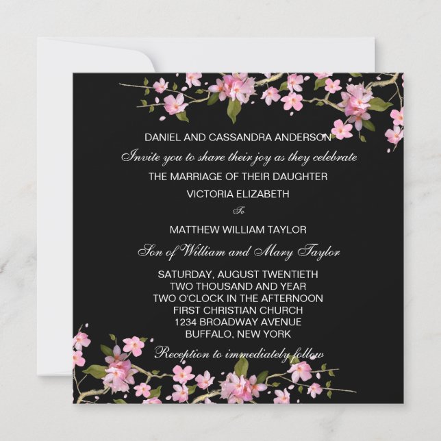 Convites Casamento de Cerejeiras Japonesas Preto e Rosa (Frente)