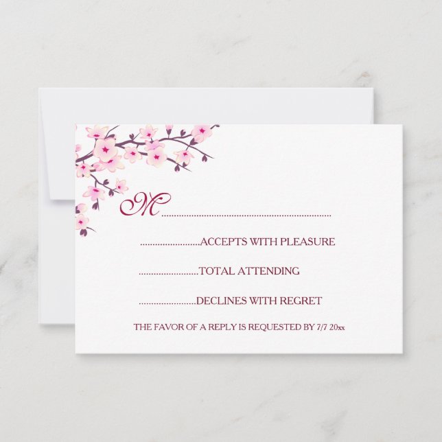 Convites Casamento de Cerejeiras Rosa Branco RSVP (Frente)