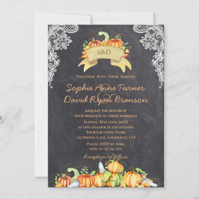 Convites Casamento de Chalkboard com Pumpkins de Lace Russo (Frente)