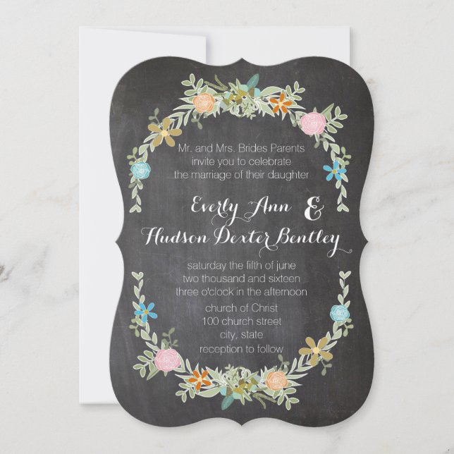 Convites Casamento de Chalkboard Mint Pink Aqua Floral Garl (Frente)